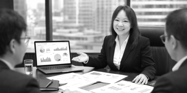 Fractional CMO Yolyn Sam leading executive marketing strategy discussion with KPI performance dashboard