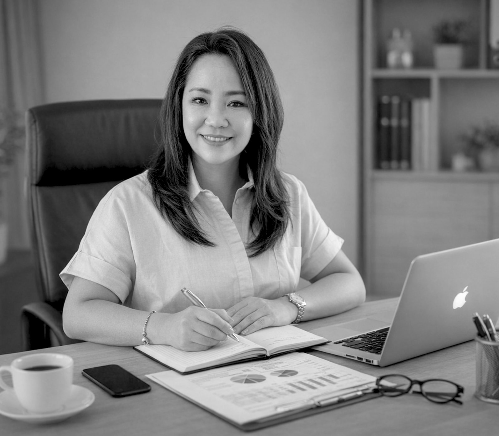 Yolyn Sam, Singapore Fractional CMO, reviewing marketing strategy and KPI reports at executive desk Yolyn Sam, Singapore Fractional CMO, reviewing marketing strategy and KPI reports at executive desk